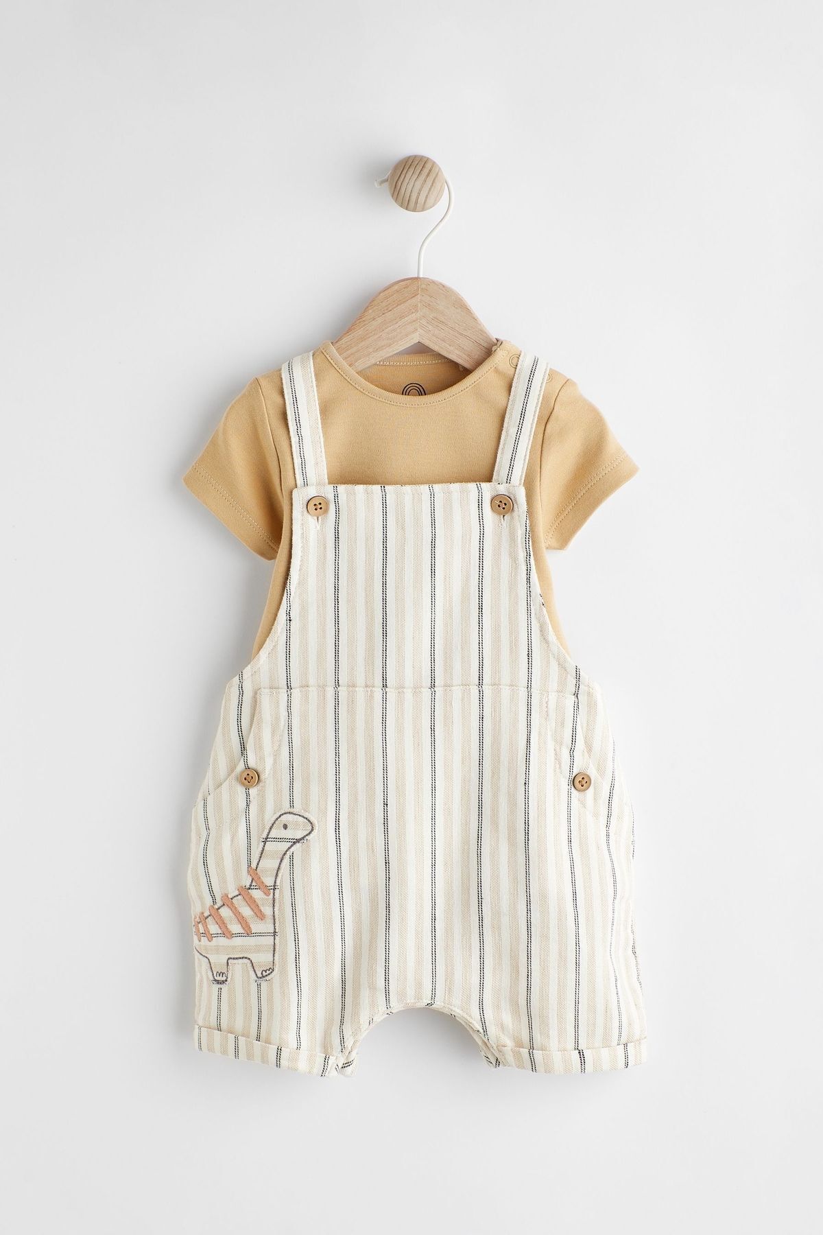 Next Baby % 100 Pamuklu Krem Dinazor Desenli Salopet Body Zıbın Set