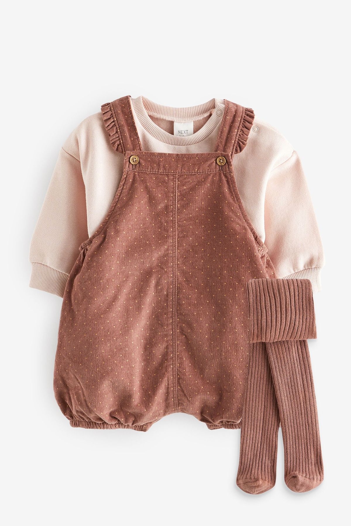 Next Baby Pamuklu Kahverengi Desenli Salopet Sweathsirt Çorap 3’lü Set