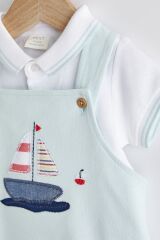 Next Baby % 100 Pamuklu Mavi Tekne Nakışlı Salopet Body Zıbın Set
