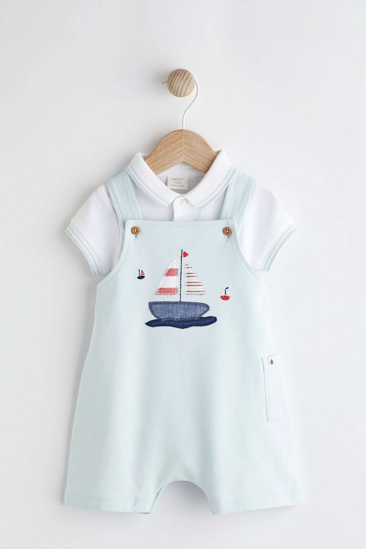 Next Baby % 100 Pamuklu Mavi Tekne Nakışlı Salopet Body Zıbın Set
