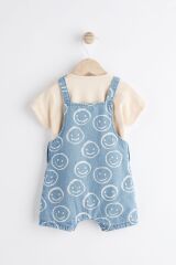 Next Baby Pamuklu Mavi Denim Gülen Yüz Desenli Salopet Set
