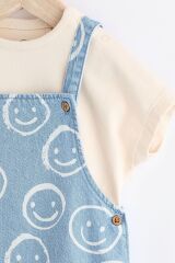 Next Baby Pamuklu Mavi Denim Gülen Yüz Desenli Salopet Set