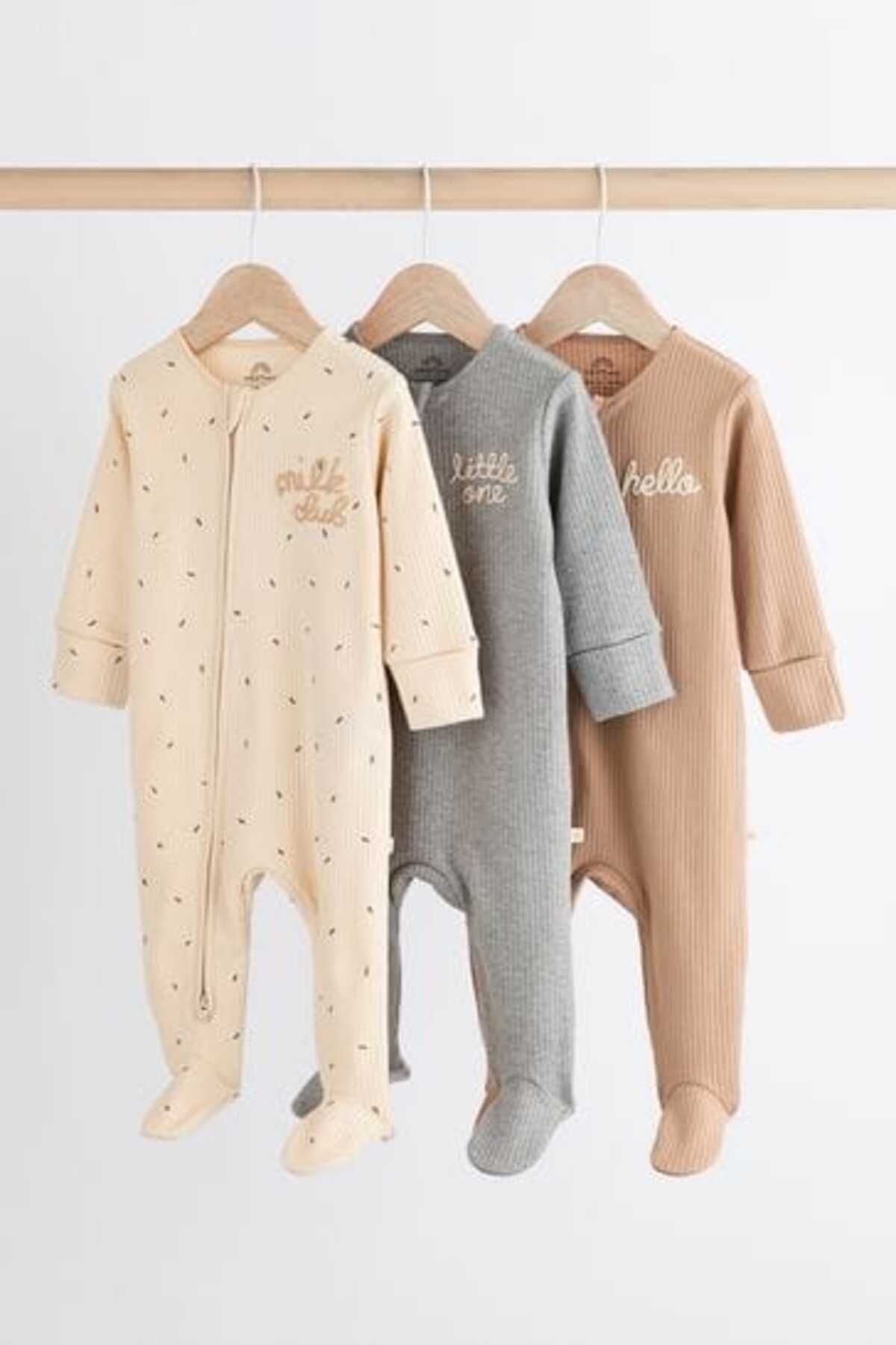 Next Baby %100 Pamuklu Krem Kahve Ayaksız 3'lü Tulum Set