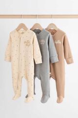 Next Baby %100 Pamuklu Krem Kahve Ayaksız 3'lü Tulum Set