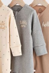 Next Baby %100 Pamuklu Krem Kahve Ayaksız 3'lü Tulum Set