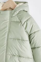 Su Yeşili Polar Astarlı Su Geçirmez Kapüşonlu Mont
