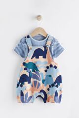 Next Baby % 100 Pamuklu Mavi Dinazor Desenli Salopet Body Zıbın Set