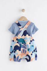 Next Baby % 100 Pamuklu Mavi Dinazor Desenli Salopet Body Zıbın Set