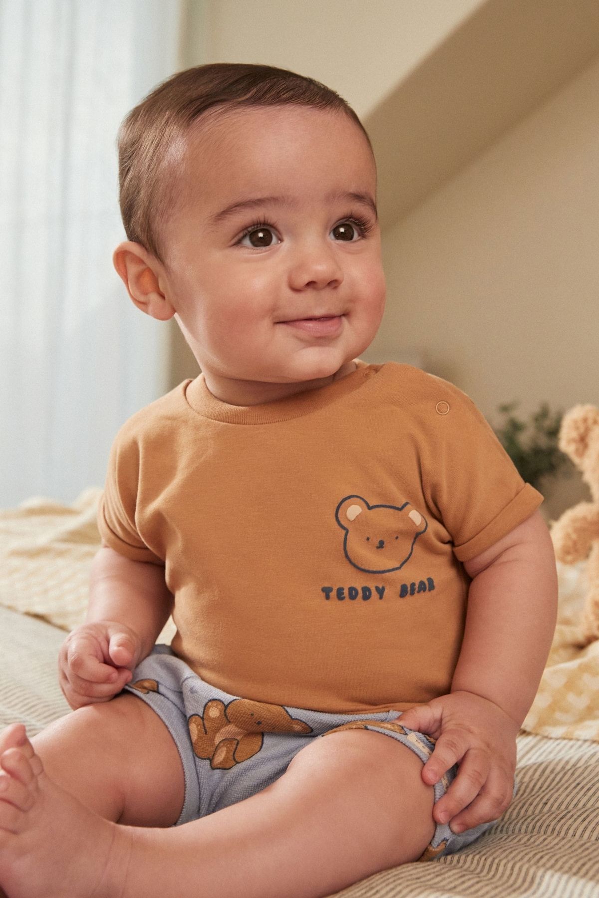 Next Baby Pamuklu Kahverengi Ayıcık Desenli Kısa Kollu Şortlu Alt Üst Takım