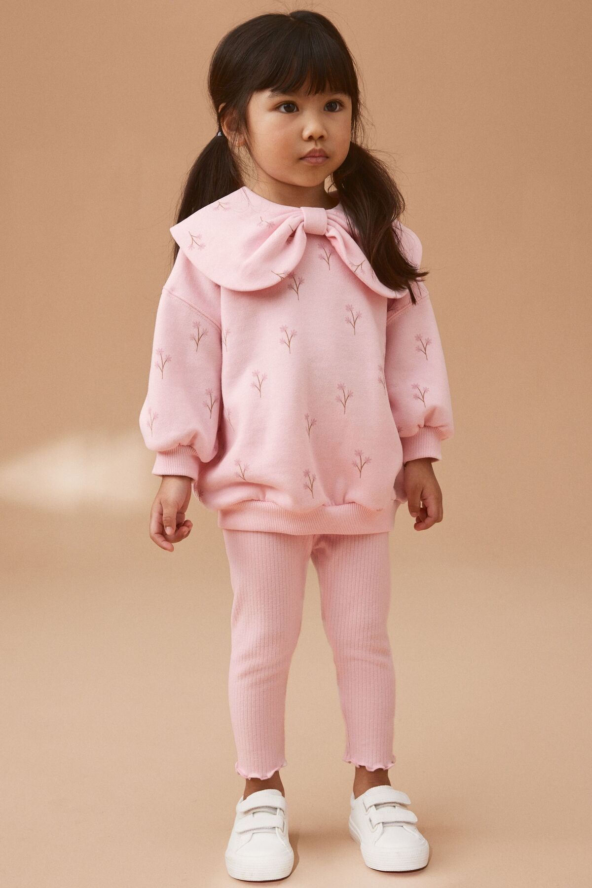 Next Baby Pamuklu Pembe Fiyonk Yaka Uzun Kollu Sweatshirt Tayt Alt Üst Takım