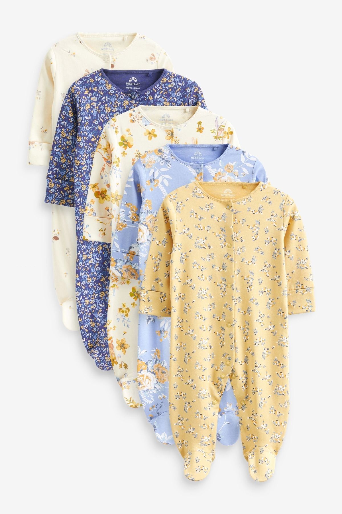Next Baby % 100 Pamuklu Sarı Mavi Çiçek Hayvan Desenli 5’li Tulum Set