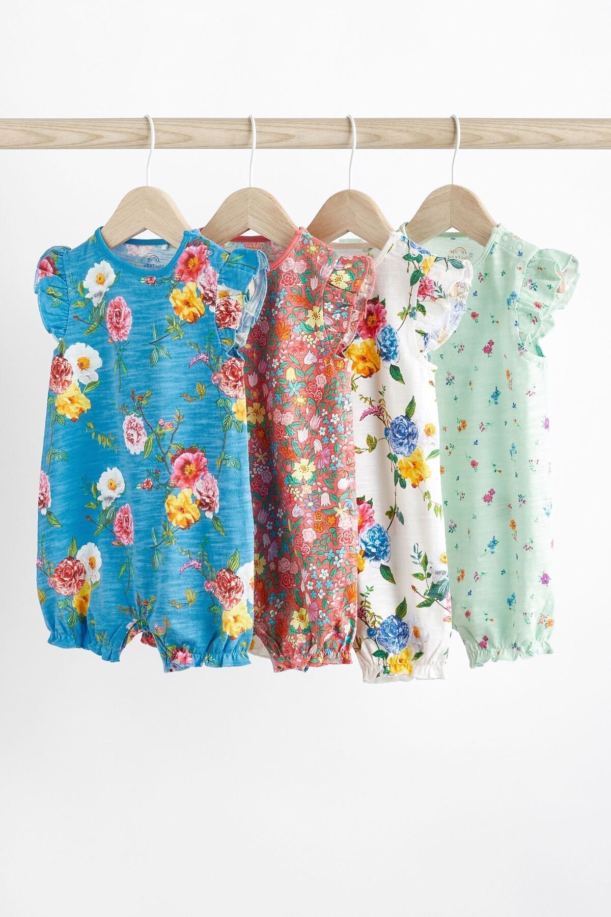 Next Baby % 100 Pamuklu Mavi Yeşil Çiçek Desenli 4’lü Romper Set