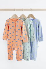 Next Baby % 100 Pamuklu Turuncu Parlak Dino Baskılı Ayaksız 3’lü Tulum Set
