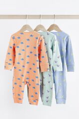 Next Baby % 100 Pamuklu Turuncu Parlak Dino Baskılı Ayaksız 3’lü Tulum Set