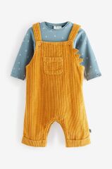 % 100 Pamuklu Ochre Yellow Kadife Salopet Body Zıbın Set