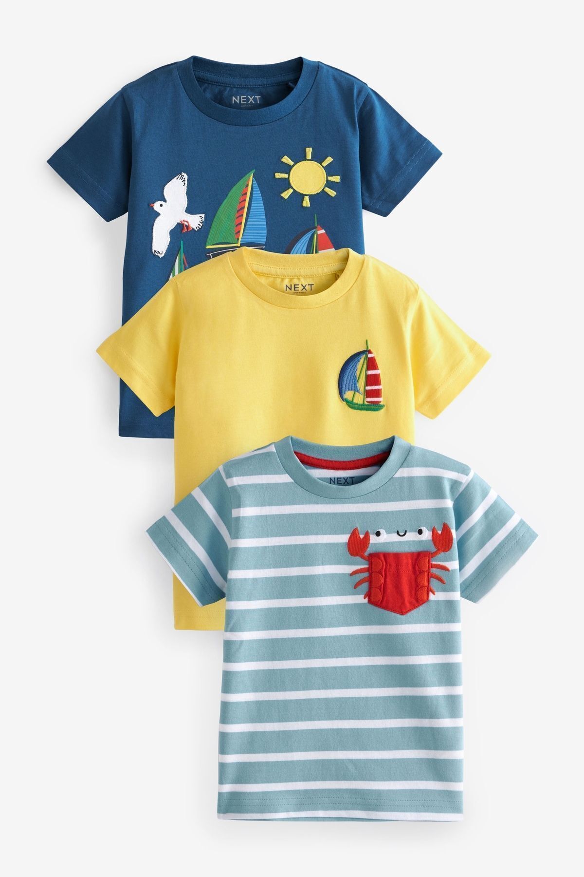 Next Baby Baby % 100 Pamuklu Mavi Sarı Baskılı Kısa Kollu Tshirt 3’lü Set