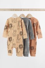 Next Baby % 100 Pamuklu Kahverengi Aslan Desenli Çift Fermuarlı 3 ‘lü Tulum Set