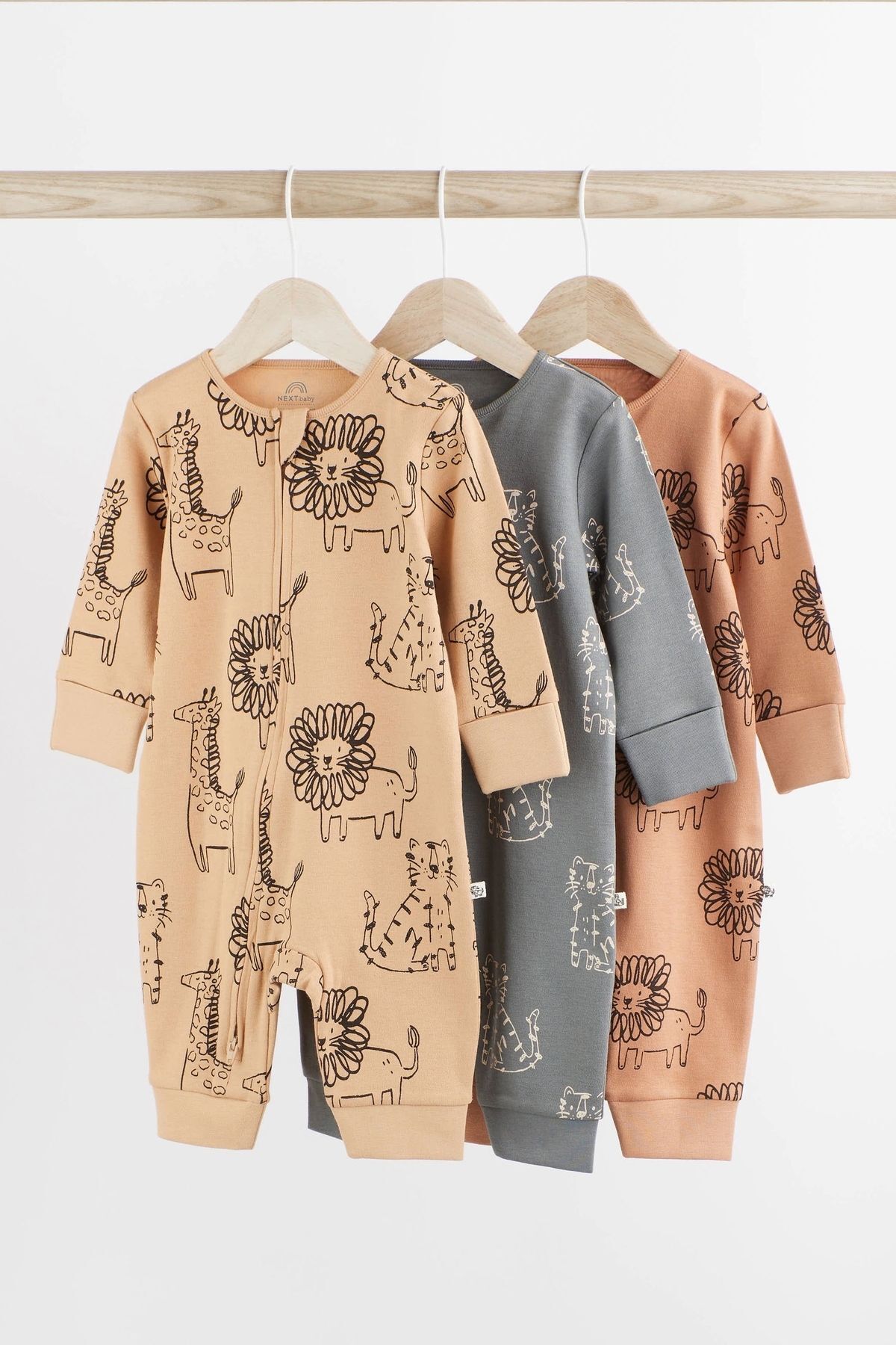 Next Baby % 100 Pamuklu Kahverengi Aslan Desenli Çift Fermuarlı 3 ‘lü Tulum Set