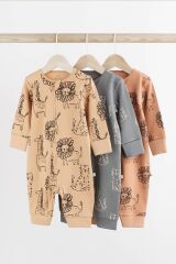 Next Baby % 100 Pamuklu Kahverengi Aslan Desenli Çift Fermuarlı 3 ‘lü Tulum Set