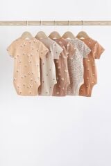 Next Baby % 100 Pamuklu Krem Kahve Çiçek Desenli Kısa Kollu Body Zıbın Set
