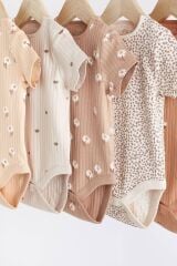 Next Baby % 100 Pamuklu Krem Kahve Çiçek Desenli Kısa Kollu Body Zıbın Set