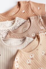 Next Baby % 100 Pamuklu Krem Kahve Çiçek Desenli Kısa Kollu Body Zıbın Set