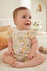 Next Baby % 100 Pamuklu Krem Çiçek Desenli Dantel Yaka Romper