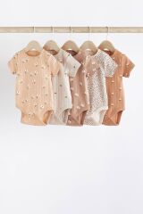 Next Baby % 100 Pamuklu Krem Kahve Çiçek Desenli Kısa Kollu Body Zıbın Set
