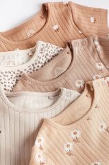 Next Baby % 100 Pamuklu Krem Kahve Çiçek Desenli Kısa Kollu Body Zıbın Set