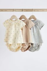 Next Baby % 100 Pamuklu Bej Gri Çiçek Desenli Kısa Kollu 3’lü Alt Üst Takım
