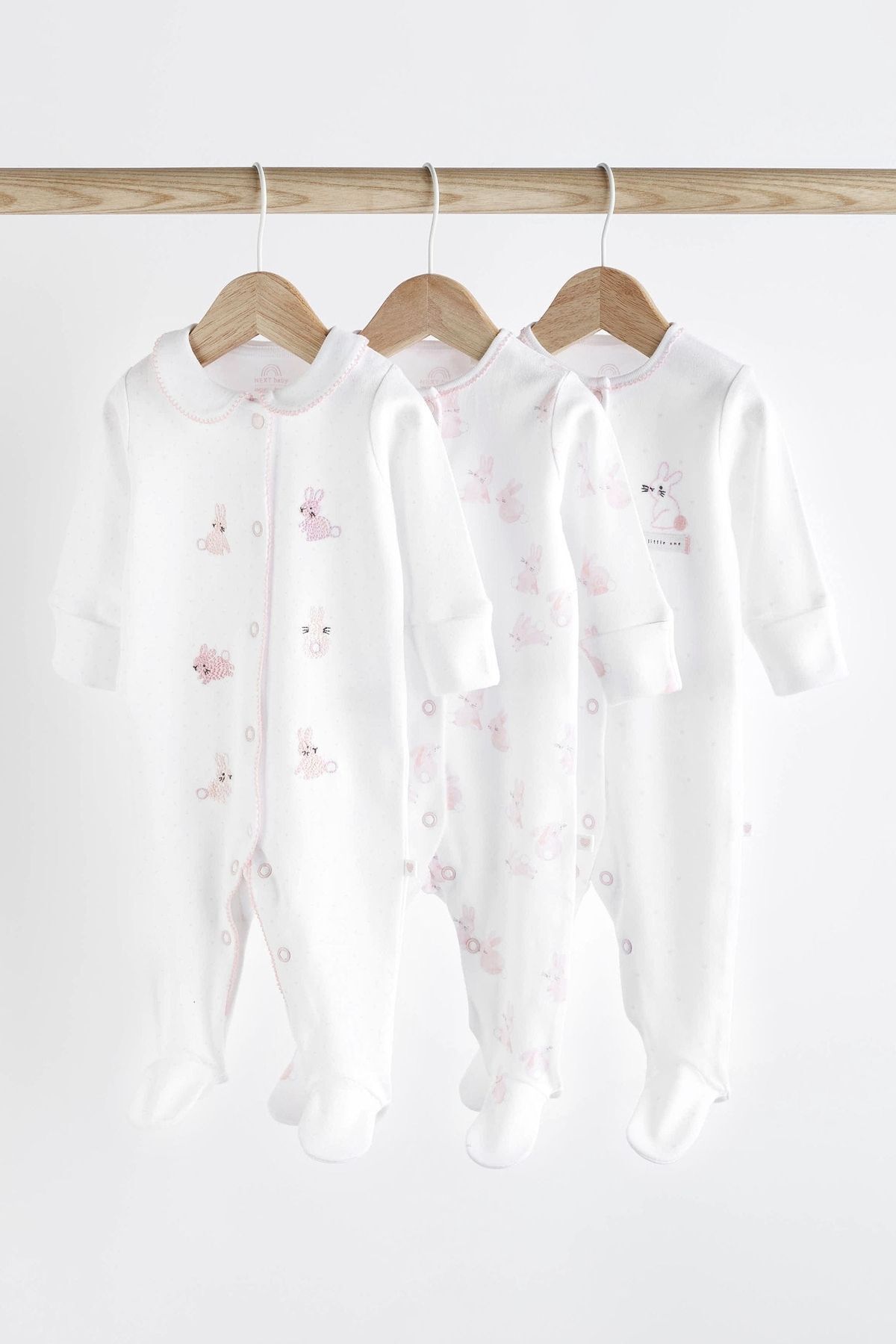Next Baby % 100 Pamuklu Beyaz Pembe Tavşan Desenli 3’lü Tulum Set