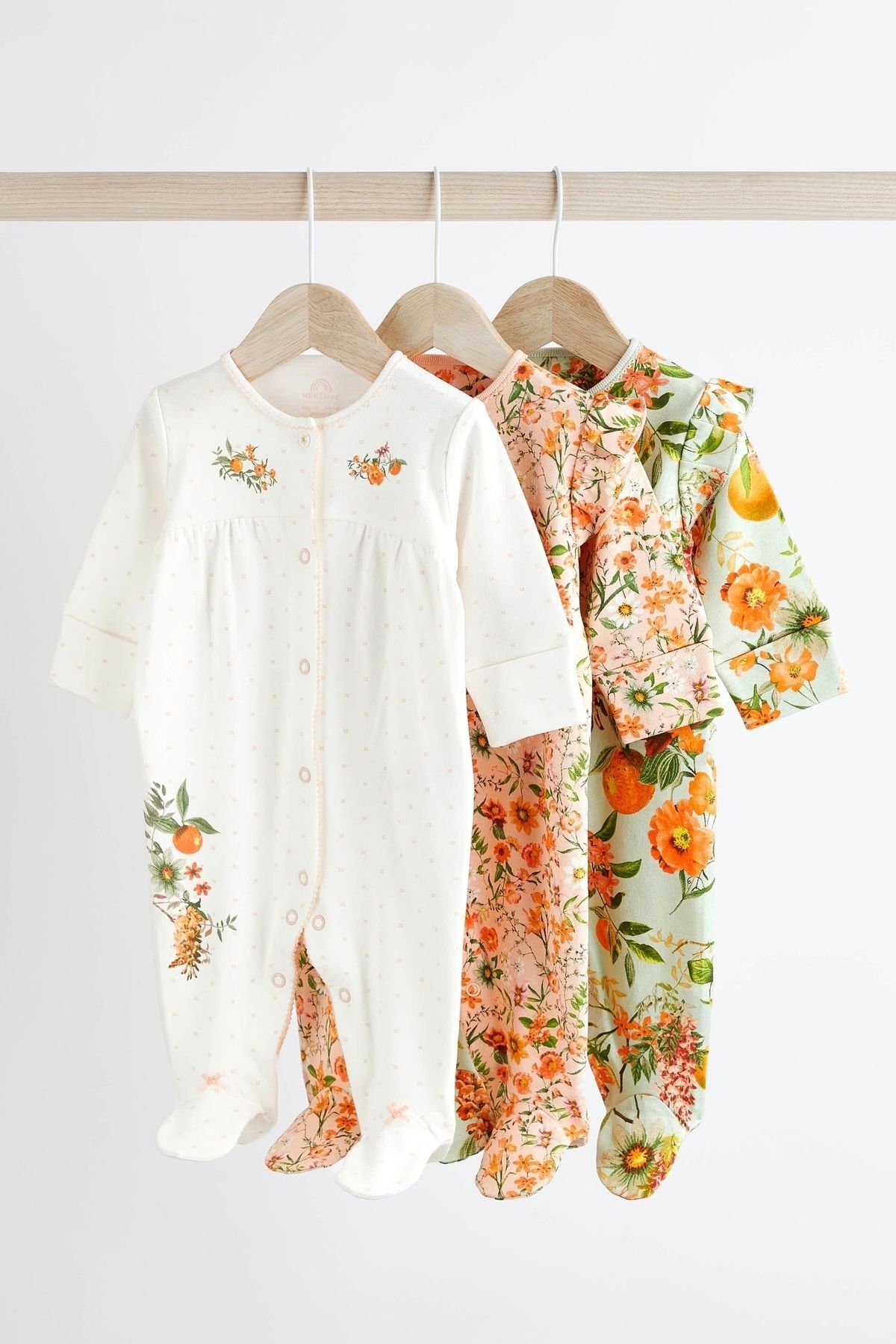 Next Baby % 100 Pamuklu Şeftali Pembesi Çiçek Desenli 3’lü Tulum Set