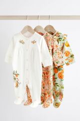 Next Baby % 100 Pamuklu Şeftali Pembesi Çiçek Desenli 3’lü Tulum Set