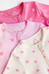 Next Baby % 100 Pamuklu Pembe Puantiyeli Çift Fermuarlı 3’lü Tulum Set