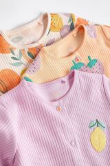 Next Baby % 100 Pamuklu Lila Turuncu Meyve Desenli 3’lü Tulum Set