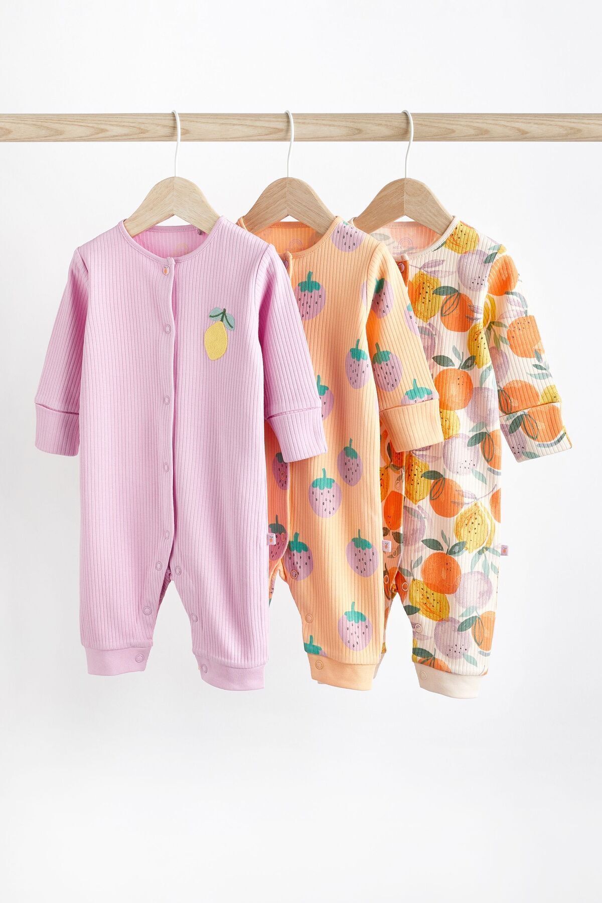 Next Baby % 100 Pamuklu Lila Turuncu Meyve Desenli 3’lü Tulum Set