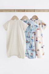 Next Baby 100 Pamuklu Beyaz Mavi Tekne Desenli 3’lü Romper Set