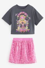 Next Baby Pembe Gri Çiçek Desenli Thsirt Pembe Payetli Etek Alt Üst Takım