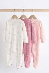Next Baby % 100 Pamuklu Pembe Ayı Desenli Fermuarlı 3'lü Tulum Set
