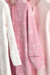Next Baby % 100 Pamuklu Pembe Ayı Desenli Fermuarlı 3'lü Tulum Set