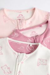 Next Baby % 100 Pamuklu Pembe Ayı Desenli Fermuarlı 3'lü Tulum Set