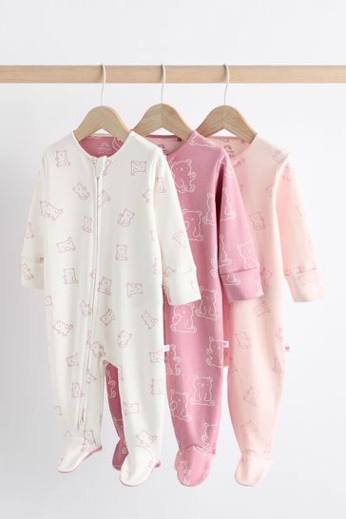 Next Baby % 100 Pamuklu Pembe Ayı Desenli Fermuarlı 3'lü Tulum Set