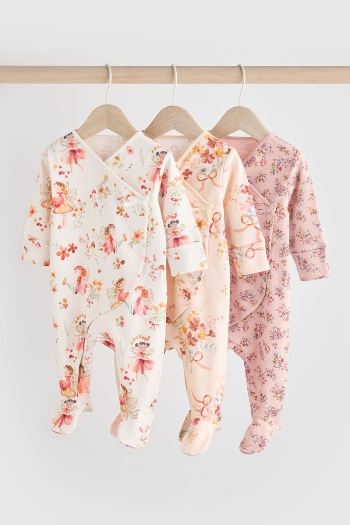 Next Baby % 100 Pamuklu Krem Pembe Çiçek Desenli 3'lü Tulum Set