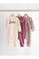 Next Baby Pamuklu Krem Pembe Baskılı Fermuarlı 3'lü Tulum Set