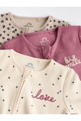 Next Baby Pamuklu Krem Pembe Baskılı Fermuarlı 3'lü Tulum Set