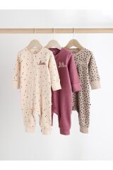 Next Baby Pamuklu Krem Pembe Baskılı Fermuarlı 3'lü Tulum Set