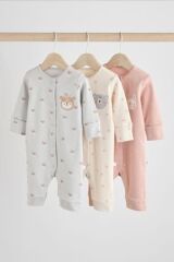 Next Baby % 100 Pamuklu Gri Pembe Hayvan Desenli 3'lü Tulum Set