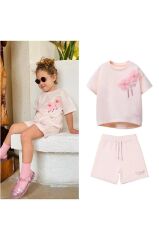 Laciel Paris Soft Pembe Tül Çiçek Desenli Kısa Kollu Şortlu Alt Üst Takım