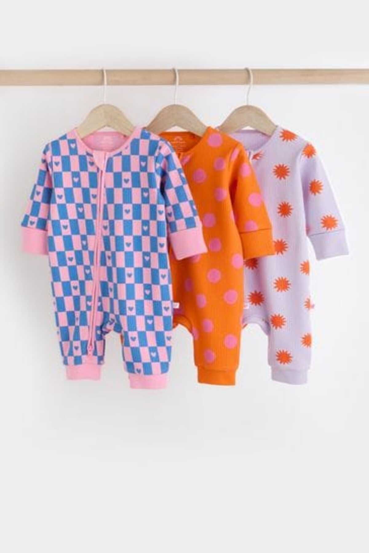 Next Baby % 100 Pamuklu Turuncu Parlak Kalp Çiçek Desenli 3'lü Tulum Set