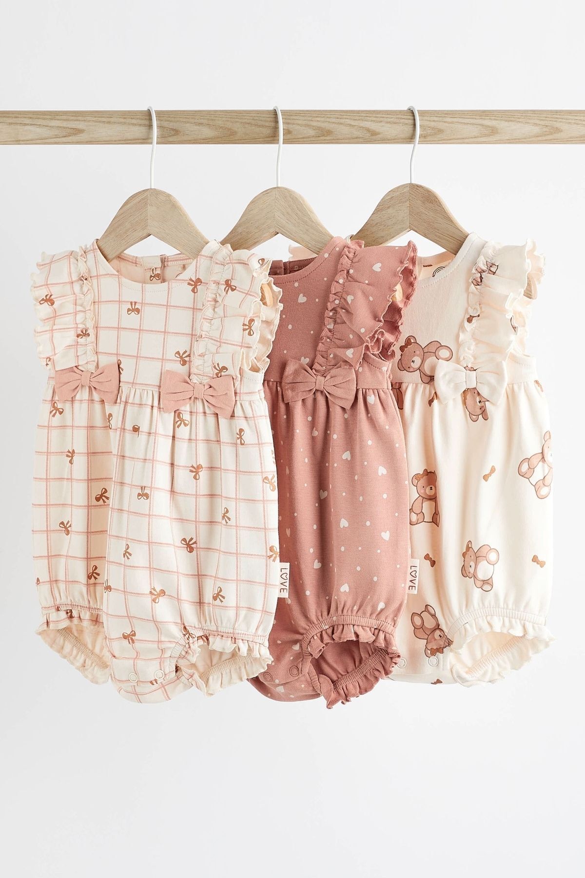 Next Baby % 100 Pamuklu Krem Pembe Ayıcık Desenli Romper 3’lü Set